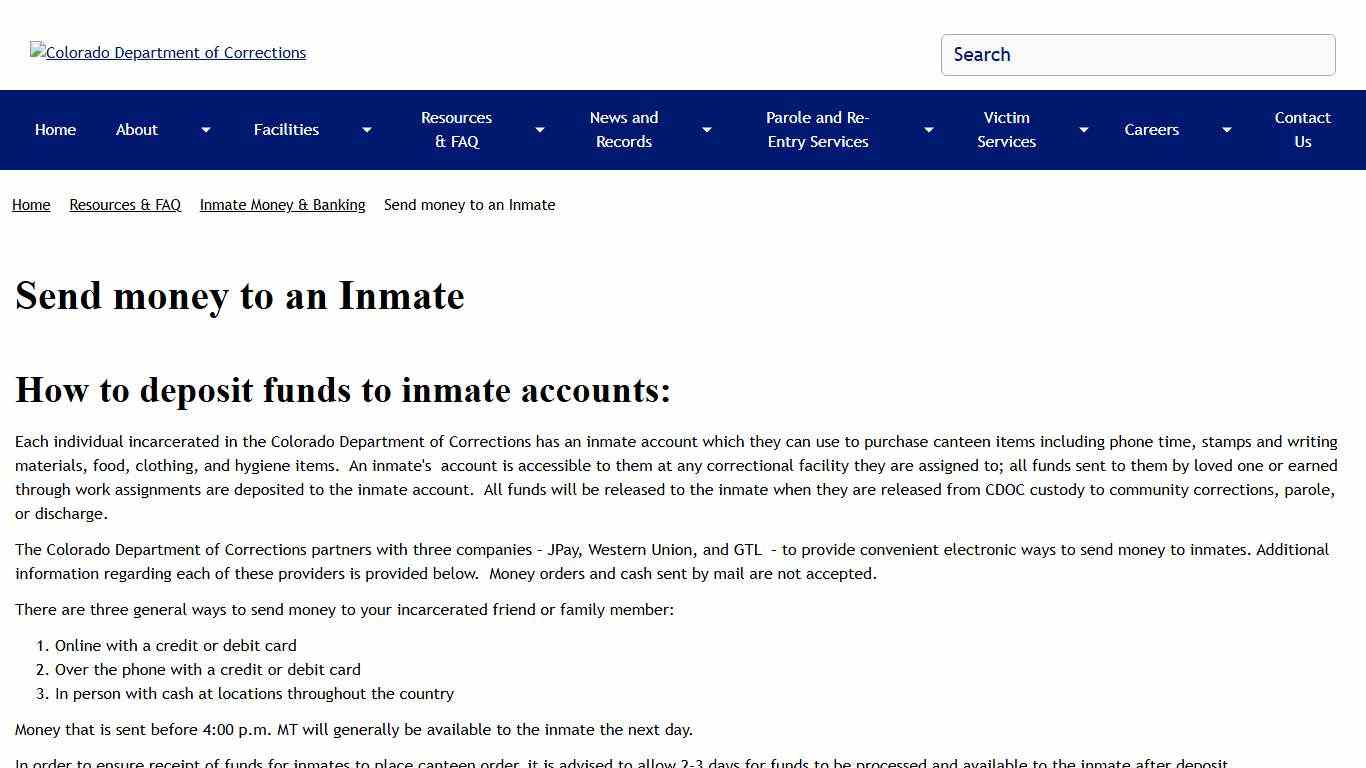Send money to an Inmate | Colorado Department of Corrections